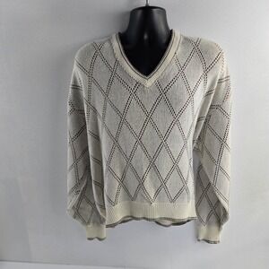 Isle of Cotton XL V-Neck Knit Sweater Argyle Diamond Pattern USA Made‎ Menswear
